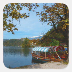 Tourist boats in Lake Bled in autumn Square Sticker