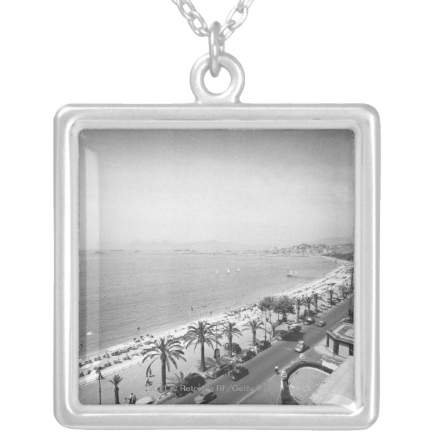 Tourist complex view at seashore B&W Silver Plated Necklace (Front)