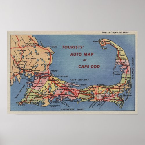 Tourists Auto Map of Cape Cod Poster