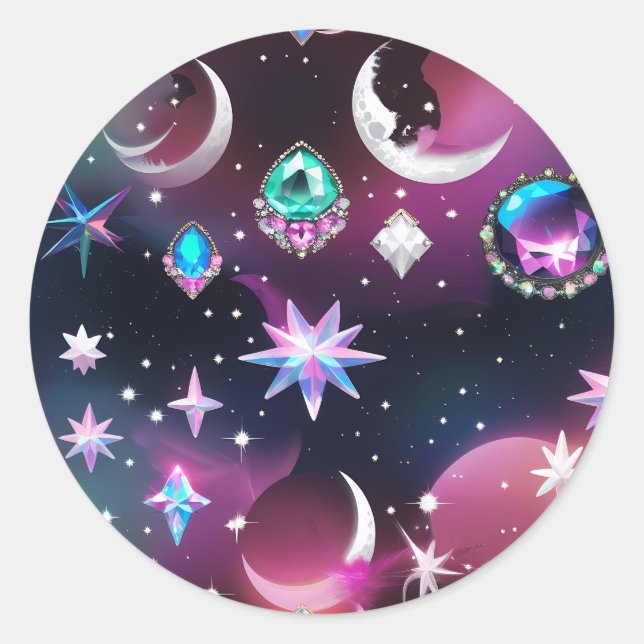 Tourmaline Opal Celestial Moon Luxury Aesthetic Classic Round Sticker (Front)