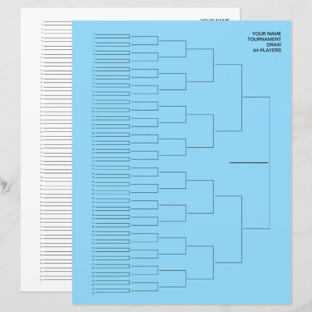 Tournament draw template paper sheet for 64 player (Front/Back)