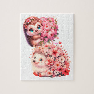 Tow cuteRomantic Floral Hedgehog Duo Illustration Jigsaw Puzzle