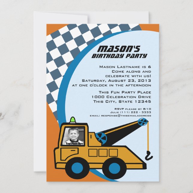 Tow Truck Birthday with Photo Invitation (Front)