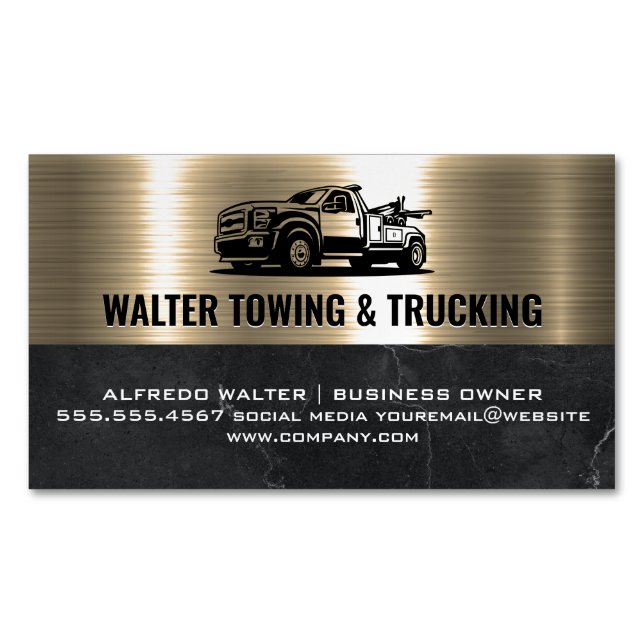 Tow Truck Logo | Metallic Gold Marble Business Card Magnet (Front)