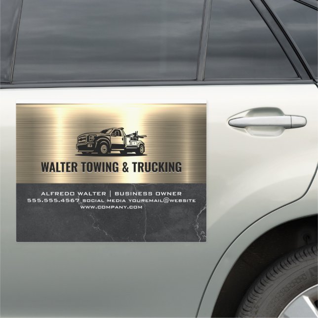 Tow Truck Logo | Metallic Gold Marble Car Magnet (In Situ)