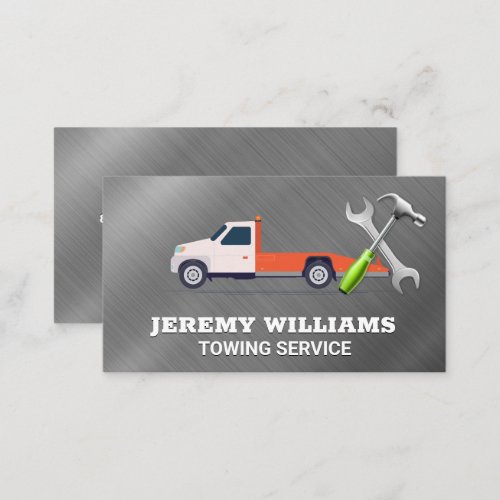 Tow Truck Services  Metallic  Hammer Wrench Logo Business Card