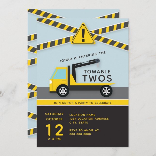 Towable Twos // Construction Second Birthday Invitation (Front/Back)