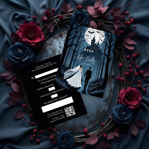 Toward Haunted Castle Wedding Couple Spooky Forest RSVP Card