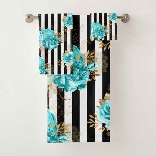 Towel Set Aqua Blue Floral Black Vert. Stripes (Insitu)