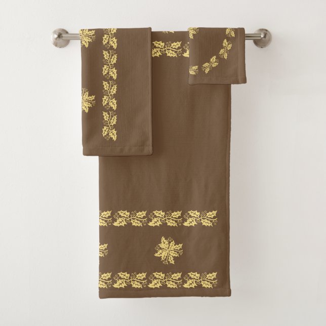 Towel Set - Bands of Golden Holly on Brown (Insitu)