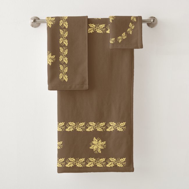 Towel Set - Bands of Golden Holly on Brown