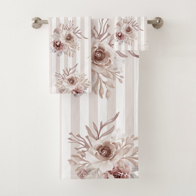 Towel Set Neutral Browns Floral Vert. White Stripe (Insitu)
