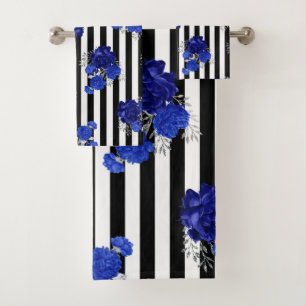 Towel Set Royal Blue Floral Black Vert. Stripes