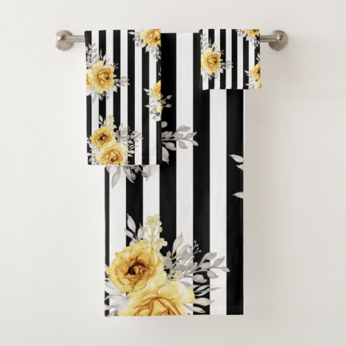 Towel Set Yellow Floral Vert Black Stripes