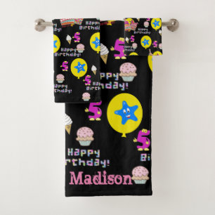 Towel Sets, #5 Happy 5th Birthday Black