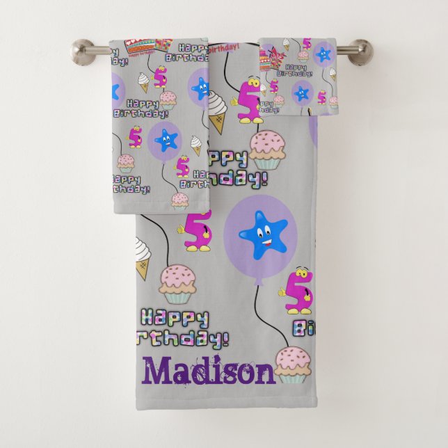 Towel Sets, #5 Happy 5th Birthday Gray (Insitu)
