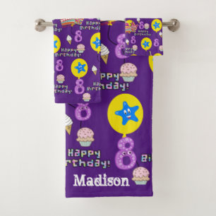 Towel Sets, #8 Happy 8th Birthday Purple