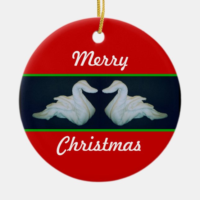 Towel Swans Red and Green Ceramic Ornament (Front)