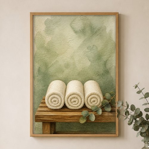 Towels on a Teak Bench Watercolour Poster