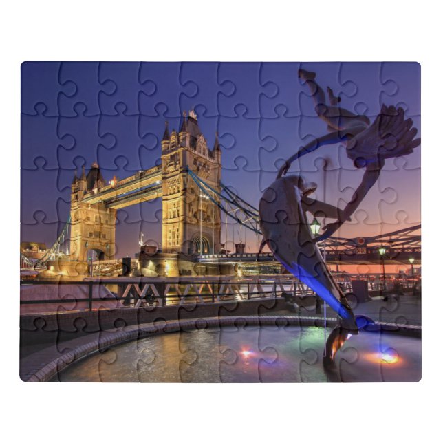 Tower Bridge and Girl with Dolphin at Night Jigsaw Puzzle (Puzzle Horizontal)