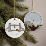 Tower Bridge London Double Decker Christmas Photo  Ceramic Ornament<br><div class="desc">Whimsical Christmas tree ornament featuring a Tower Bridge illustration with mistletoe and a double decker bus as a special touch. Turn it over and add your favorite photo from your London trip as a special momento!</div>