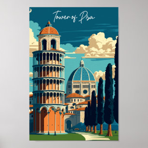 Tower of Pisa Italy vintage travel illustration Poster