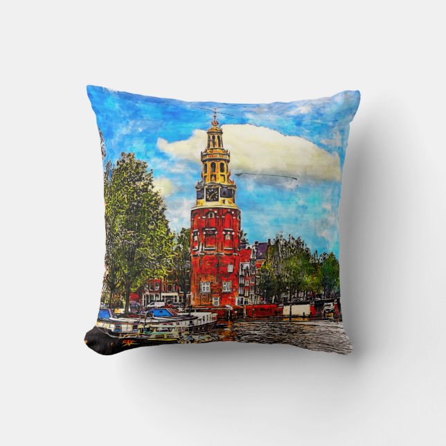 Tower on Amstel river. Amsterdam. Netherlands. Throw Pillow (Front)
