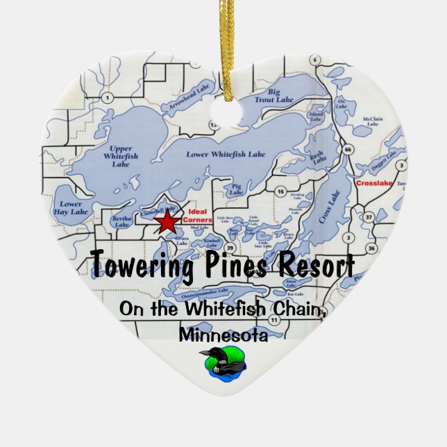 Towering Pines Resort with Whitefish Chain Map Ceramic Ornament (Front)