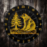 Towering Trees and Bear Design Dart Board<br><div class="desc">1. Introducing the Golden Bear Dart Board, a striking piece that combines rustic charm with a touch of wilderness. This unique dart board features a beautifully crafted image of a majestic golden grizzly bear, poised gracefully on an old downed log, surrounded by the serene backdrop of a towering pine tree....</div>