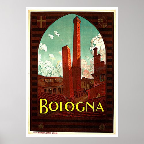 Towers of Bologna Italy Vintage Poster