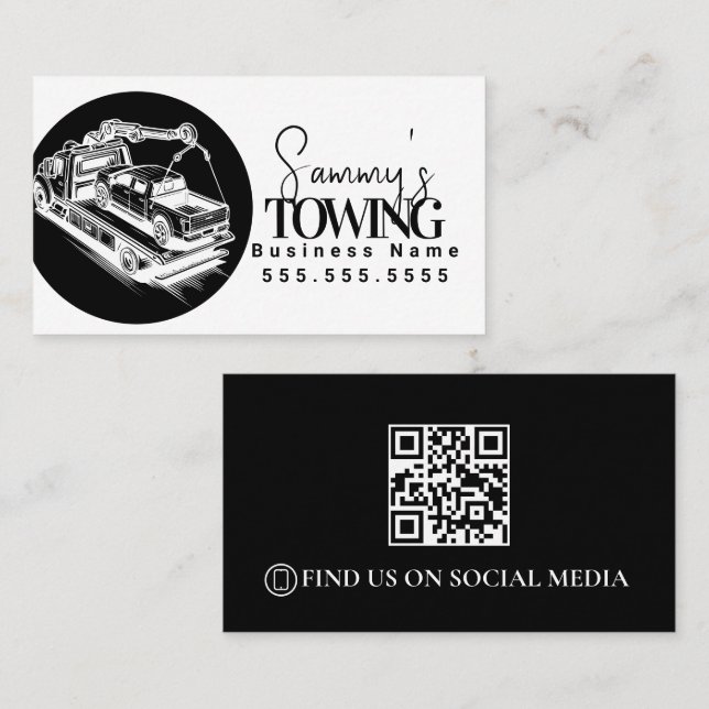 Towing Services QR Code Black and White Business Card (Front/Back)