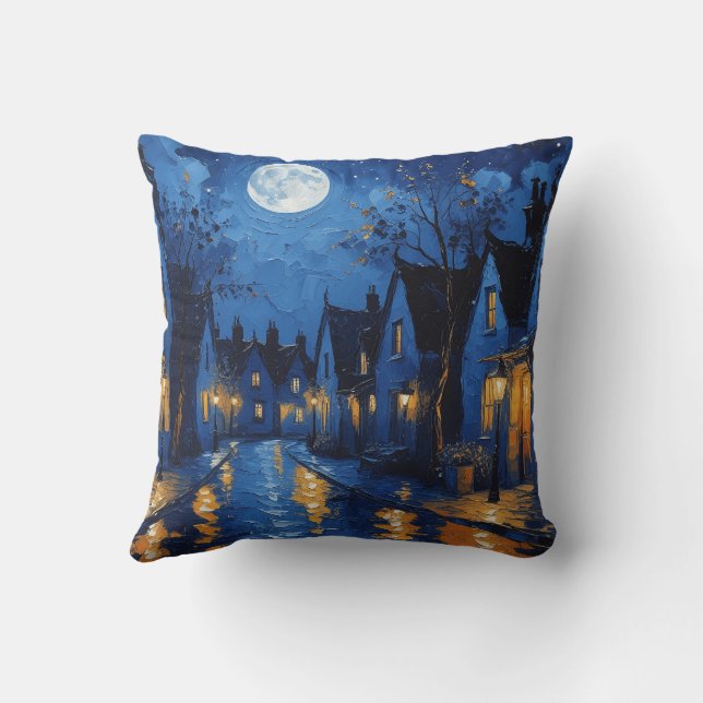Town at night with lights and lanterns throw pillow (Back)