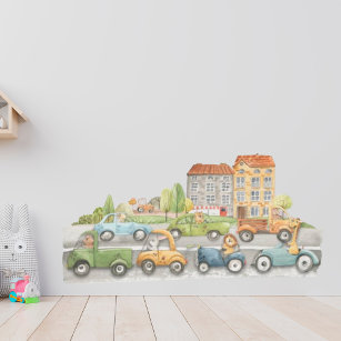 Town Cute Animals Driving Cars Left Side of Road Wall Decal