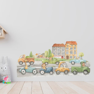 Town Cute Animals Driving Cars Right Side of Road  Wall Decal