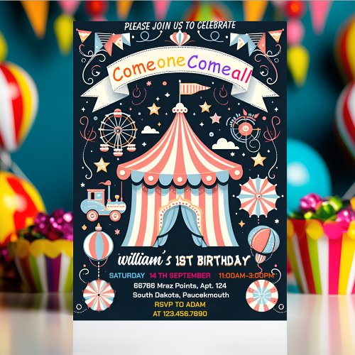 town cute kids Carnival Circus Show 1st Birthday Invitation
