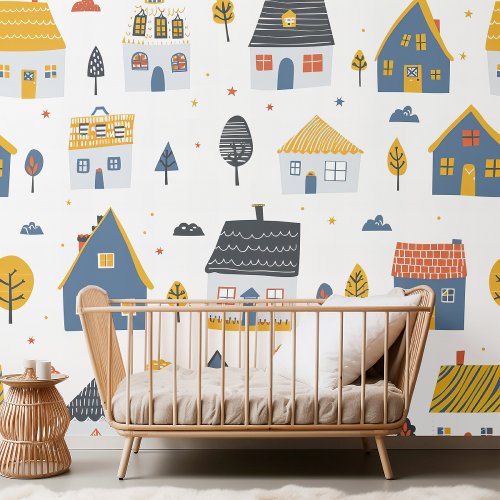 town kids houses baby room nursery wallpaper 