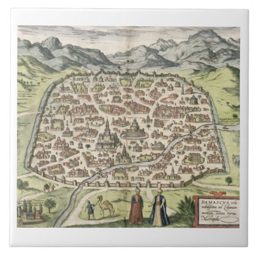 Town map of Damascus Syria 1620 engraving Tile