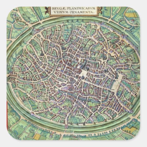 Town Plan of Bruges from Civitates Orbis Terraru Square Sticker