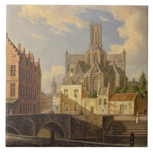 Town View with Figure fishing in a Canal Ceramic Tile
