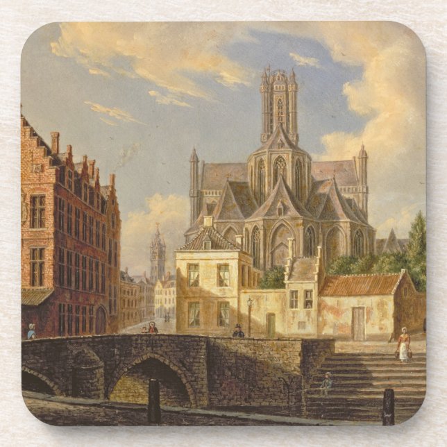 Town View with Figure fishing in a Canal Drink Coaster (Front)