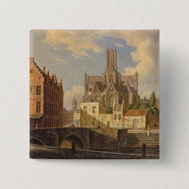 Town View with Figure fishing in a Canal Pinback Button (Front)