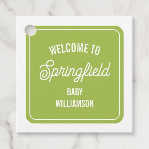 Town Welcome Sign Green Baby Shower Favor Tags