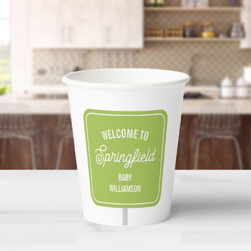 Town Welcome Sign Green Baby Shower Paper Cups