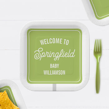 Town Welcome Sign Green Baby Shower Paper Plates by JillsPaperie at Zazzle