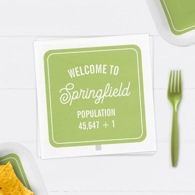 Town Welcome Sign Population Green Baby Shower Napkins (Creator Uploaded)