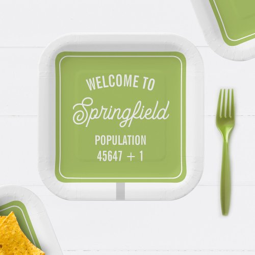 Town Welcome Sign Population Green Baby Shower Paper Plates