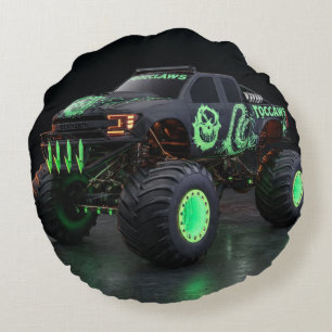 Toxic Bio-Armor Monster Truck - Neon Green Cyber Round Pillow