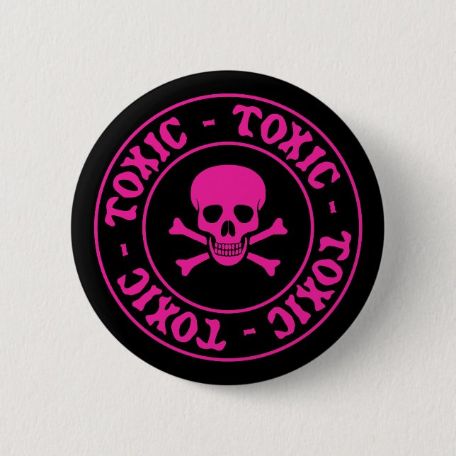 Toxic Pink Skull and Crossbones Pinback Button (Front)