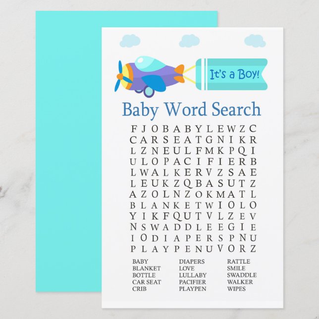 Toy Aircraft Baby Shower Word Search Game (Front/Back)