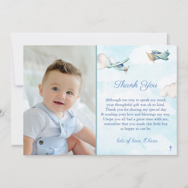 Toy Airplane In Blue Sky Clouds Baptism Birthday Thank You Card (Front)